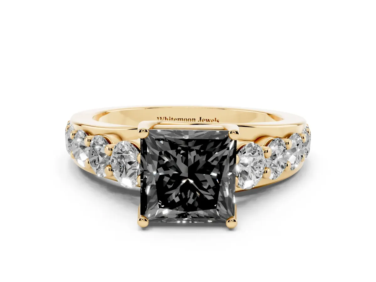 Fancy Black Princess Cut Diamond Engagement Ring with Pavé Band and Four-Prong Setting Yellow gold