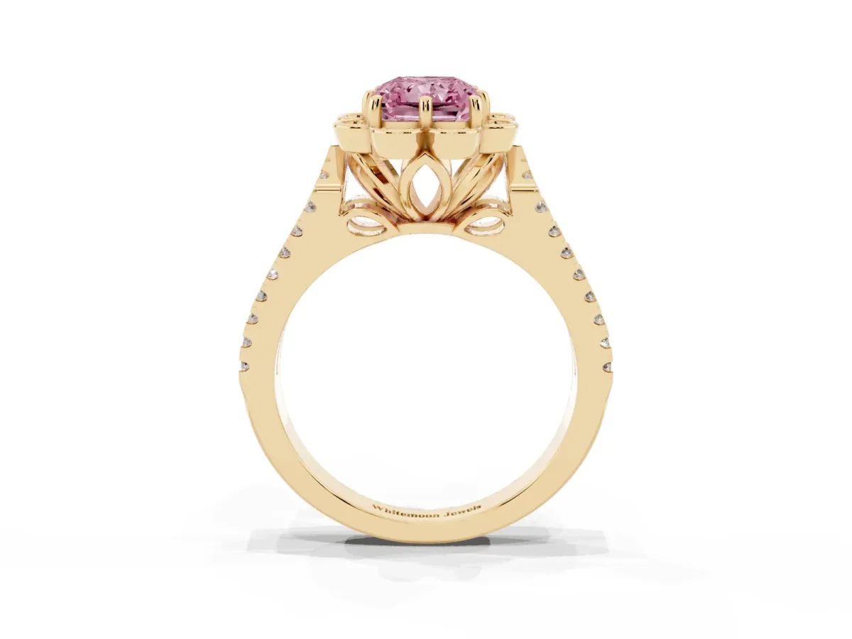 Fancy Pink Radiant Cut Halo Diamond Floral Split Shank Engagement Ring Yellow gold