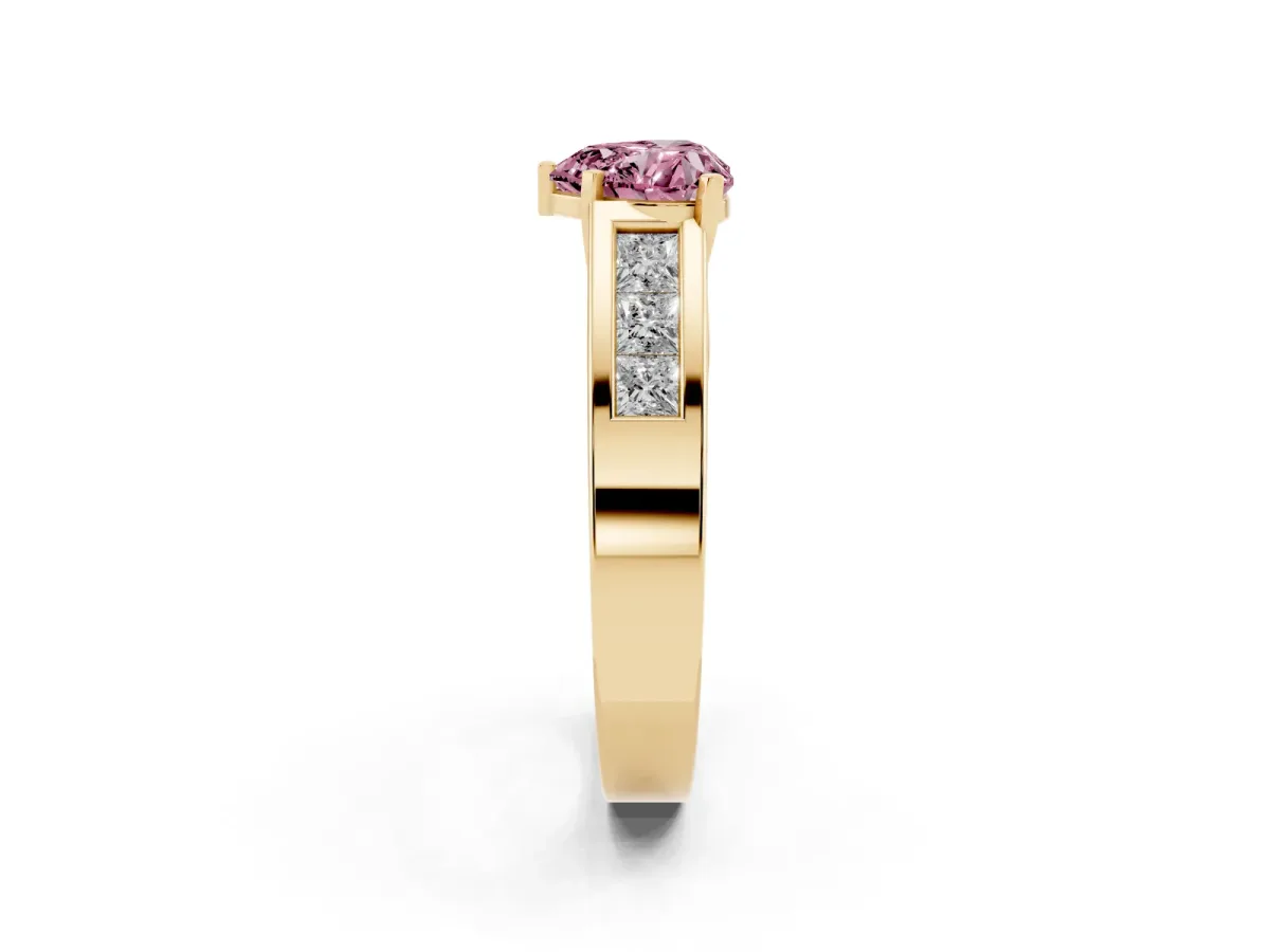 Fancy Pink Heart Cut Cut Channel Set Solitaire Ring with Four-Prong Setting Yellow gold