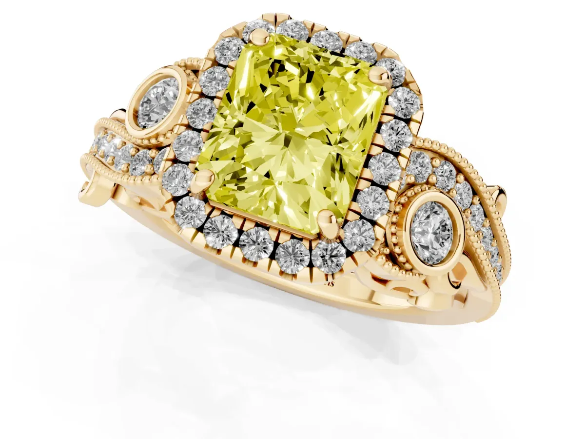 Fancy Yellow Radiant Cut Halo Diamond Ring with Milgrain and Bezel Accents on a Split Shank Band Yellow gold