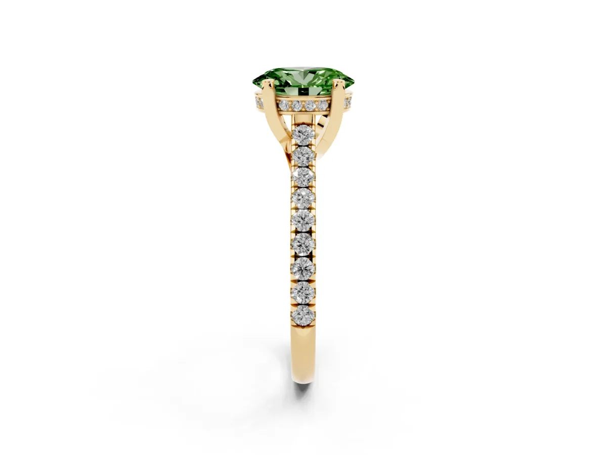 Fancy Green Oval Cut Brilliant Diamond Solitaire with Pavé Band and Four-Prong Setting Yellow gold
