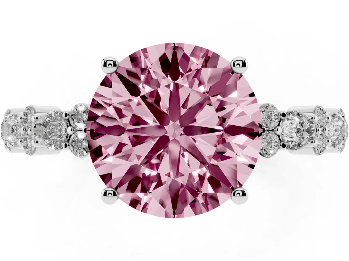 Fancy Pink Round Cut Diamond Side Stone Solitaire Ring with Round and Four-Prong Setting Platinum