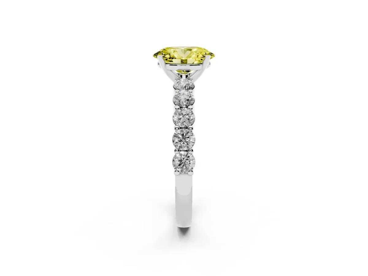 Fancy Yellow Oval Cut Diamond Solitaire Ring with Shared Prong Round Side Stones Silver