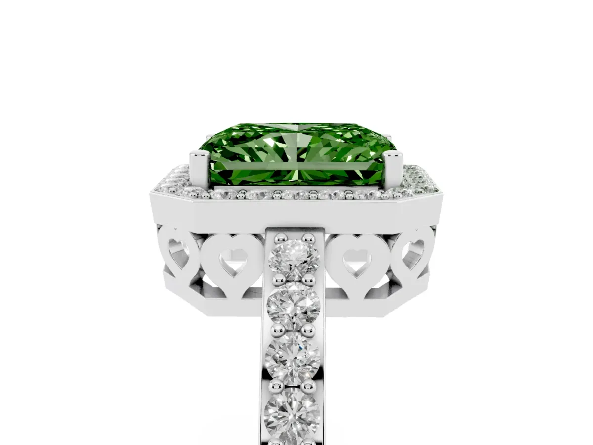 Fancy Green Radiant Cut Halo Diamond Pavé Band Ring with Prong Setting Silver