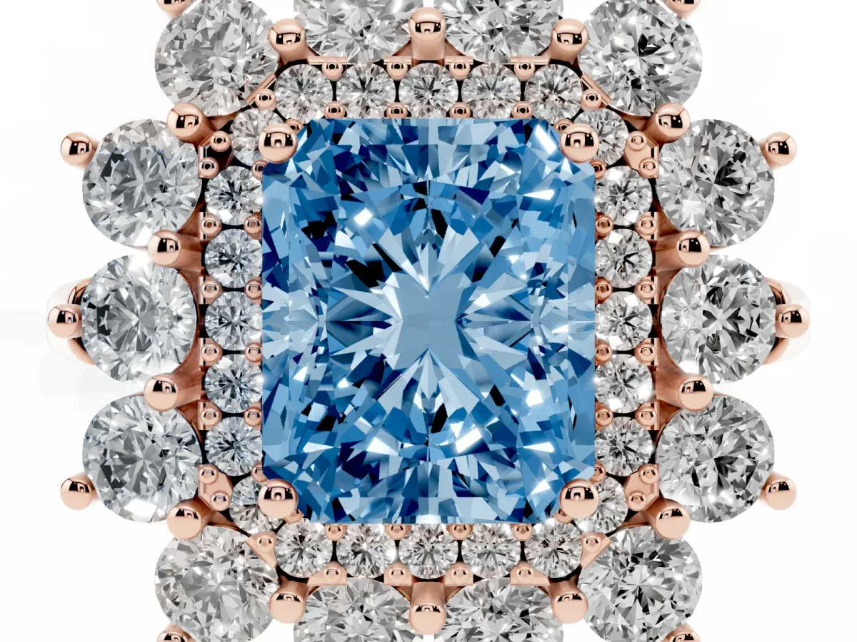 Fancy Blue Radiant Cut Diamond Floral Double Halo Engagement Ring with Prong Setting Rose gold