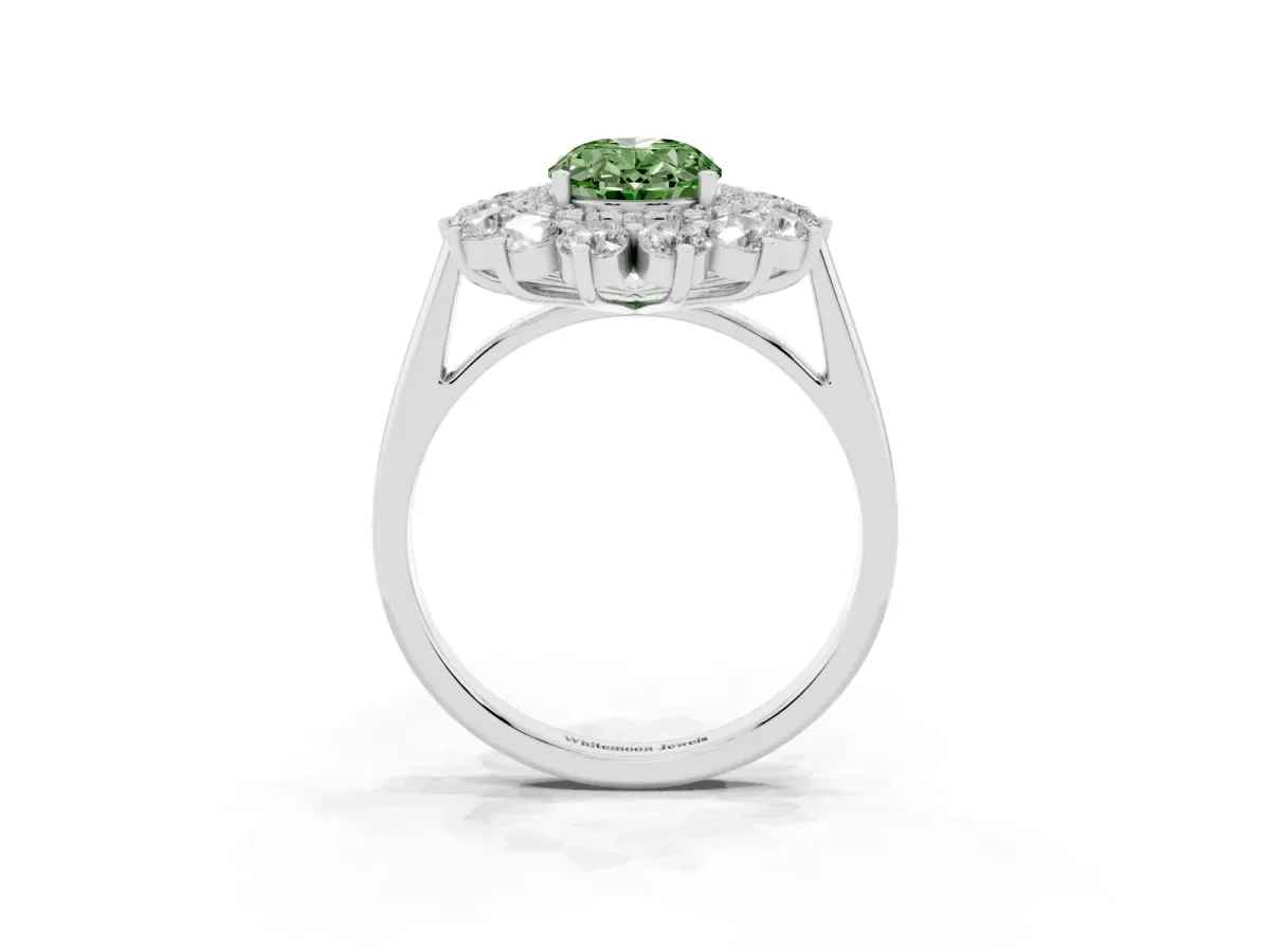Fancy Green Oval Cut Diamond Floral Double Halo Engagement Ring with Prong Setting Platinum