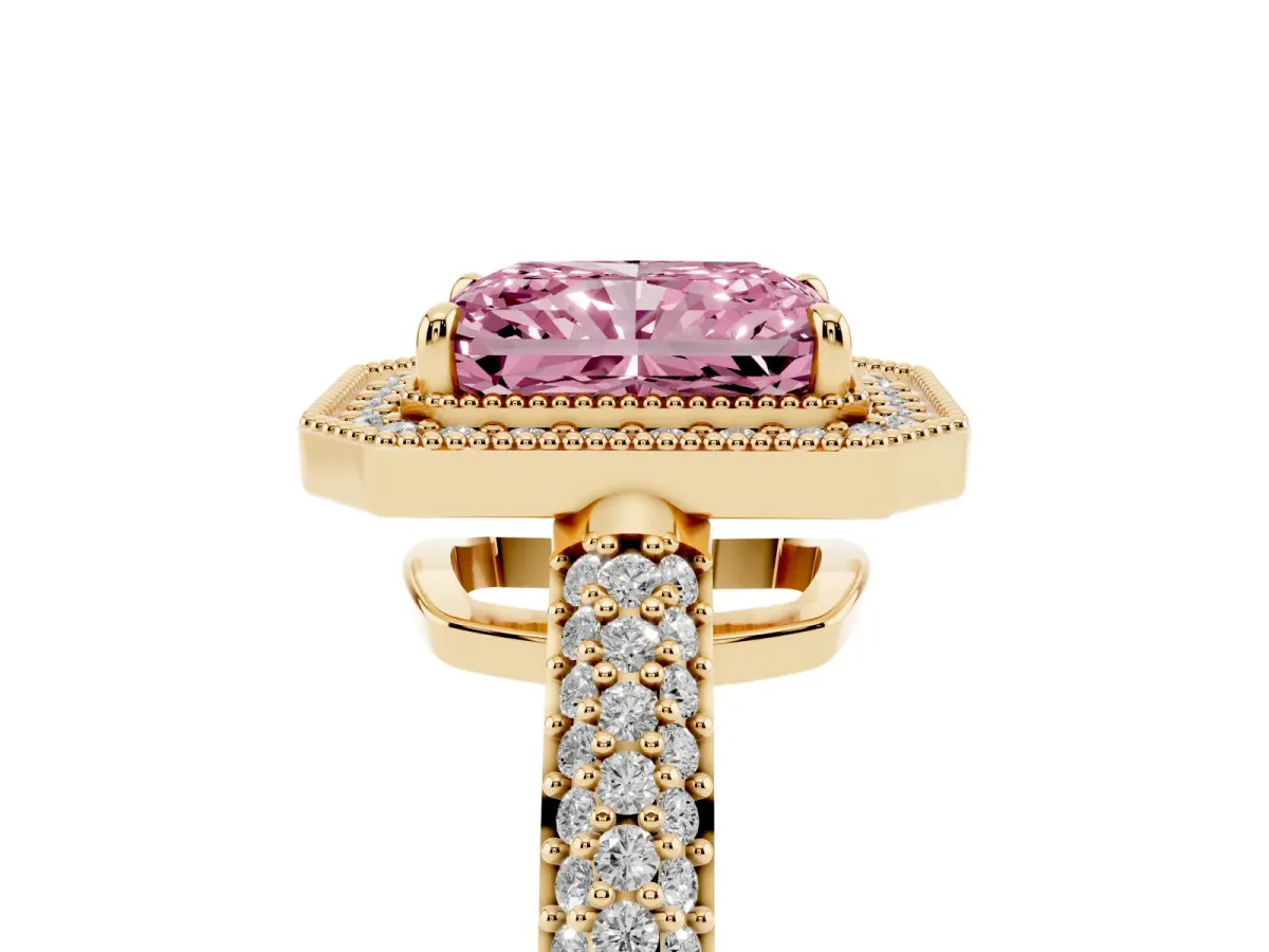 Fancy Pink Radiant Cut Cut Halo Diamond Pave Band with Four-Prong Setting Yellow gold