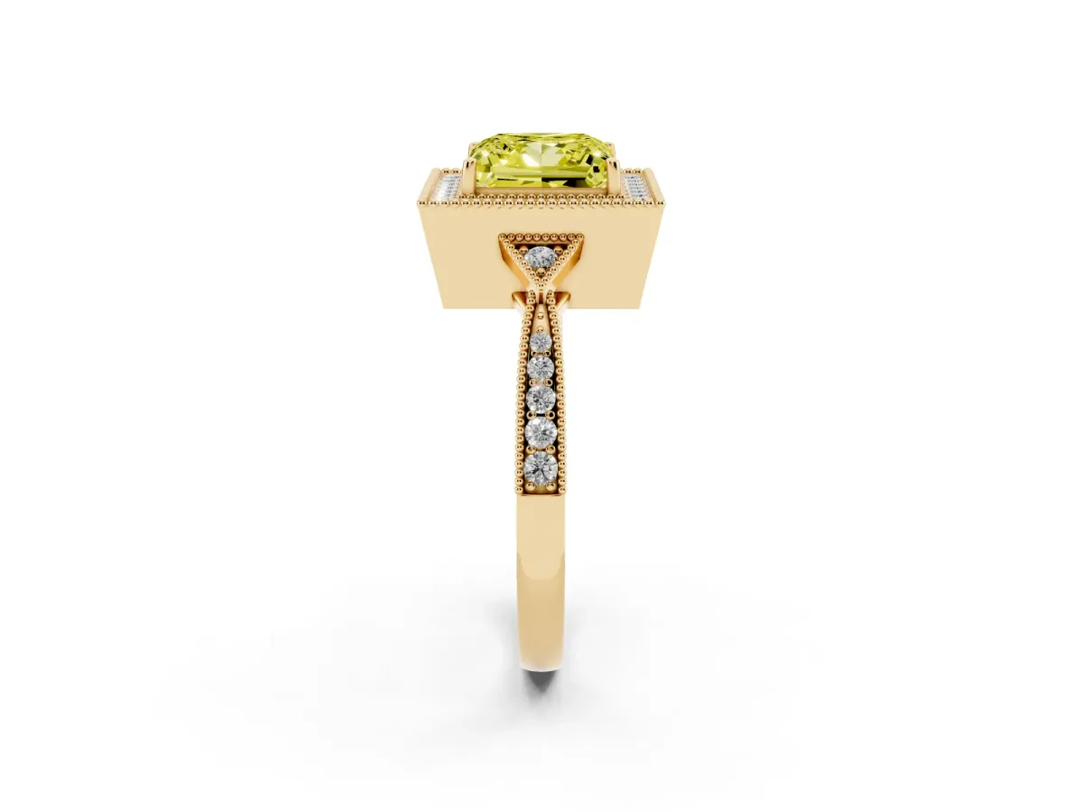 Fancy Yellow Princess Cut Halo Round Diamond Milgrain Pave Engagement Ring Yellow gold