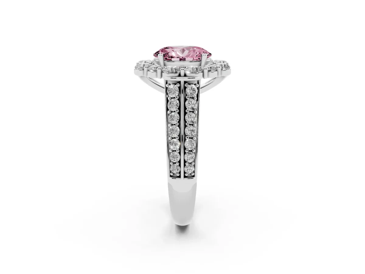 Fancy Pink Oval Cut Halo Diamond Engagement Ring with Split Shank and Prong Setting Silver