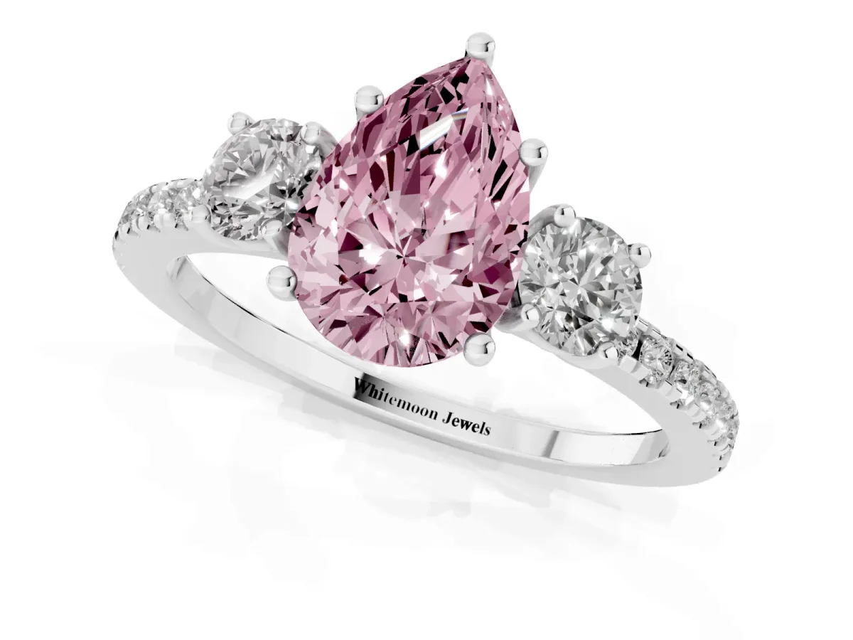 Fancy Pink Three-Stone Pear Cut Cut Diamond Pavé Band with Prong Setting Silver
