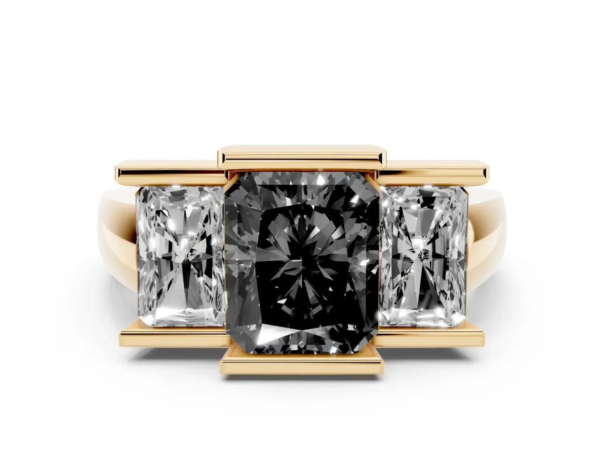 Fancy Black Three Stone Radiant Cut Cut Channel Set Diamond Ring Yellow gold