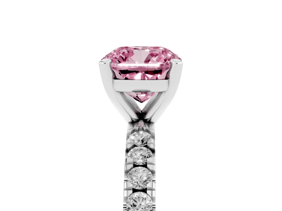 Fancy Pink Cushion Cut Diamond Pavé Band Solitaire with Four-Prong Setting Silver