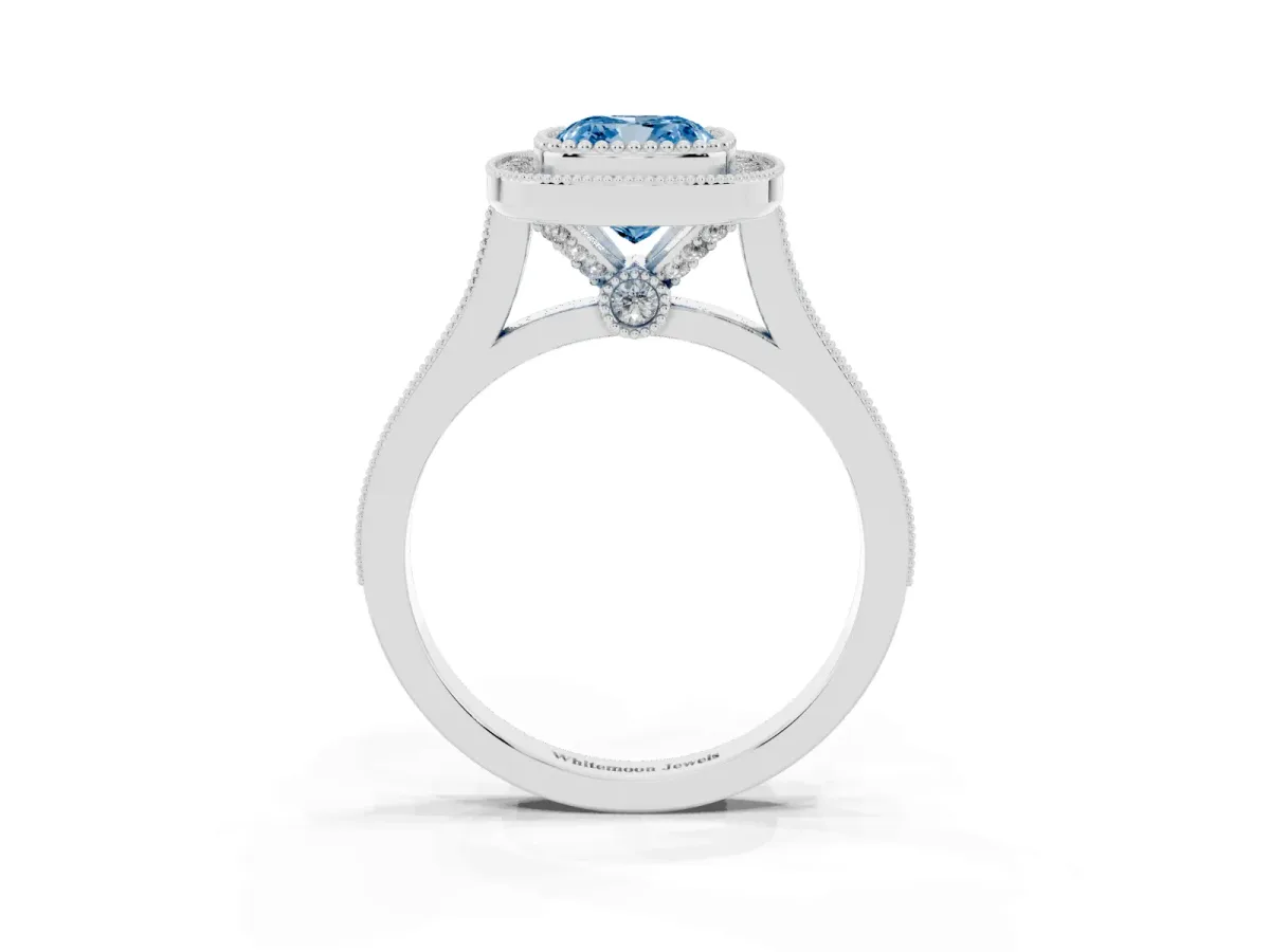 Fancy Blue Cushion Cut Diamond Halo Ring with Milgrain Frame and Pavé Band White gold
