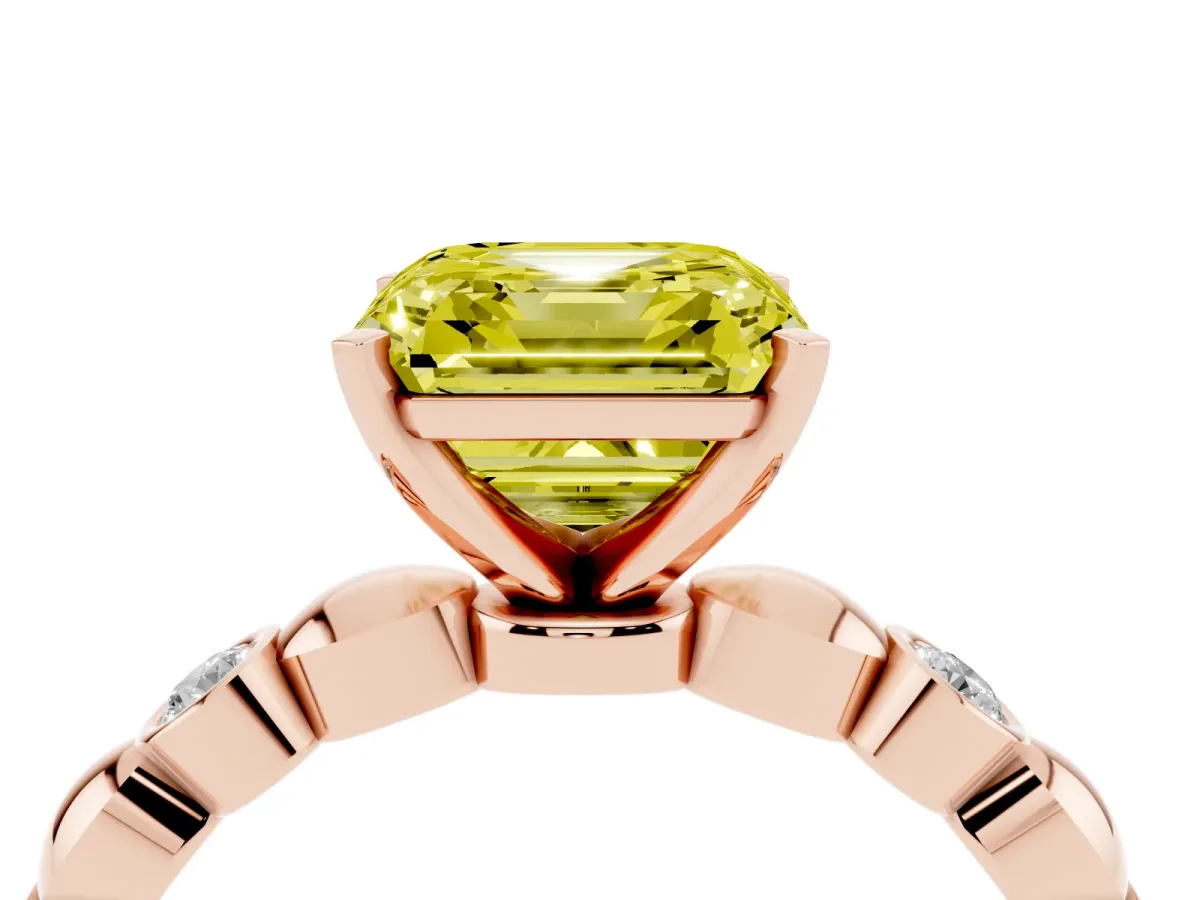 Fancy Yellow Asscher Cut Solitaire Bezel-Set Diamond Ring with Beaded Band and Four-Prong Setting Rose gold