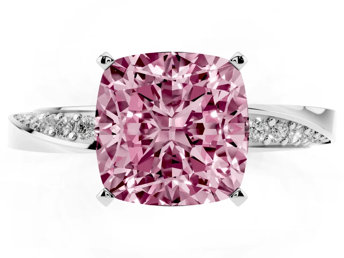 Fancy Pink Cushion Cut Diamond Engagement Ring with Side Stone Accents and Four-Prong Setting Platinum