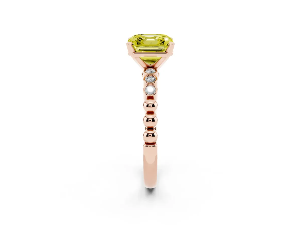 Fancy Yellow Asscher Cut Solitaire Bezel Accent Diamond Engagement Ring with Beaded Band and Four-Prong Setting Rose gold