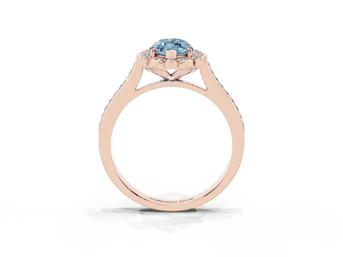 Fancy Blue Marquise Cut Halo Round Diamond Pave Band with Four-Prong Setting Rose gold