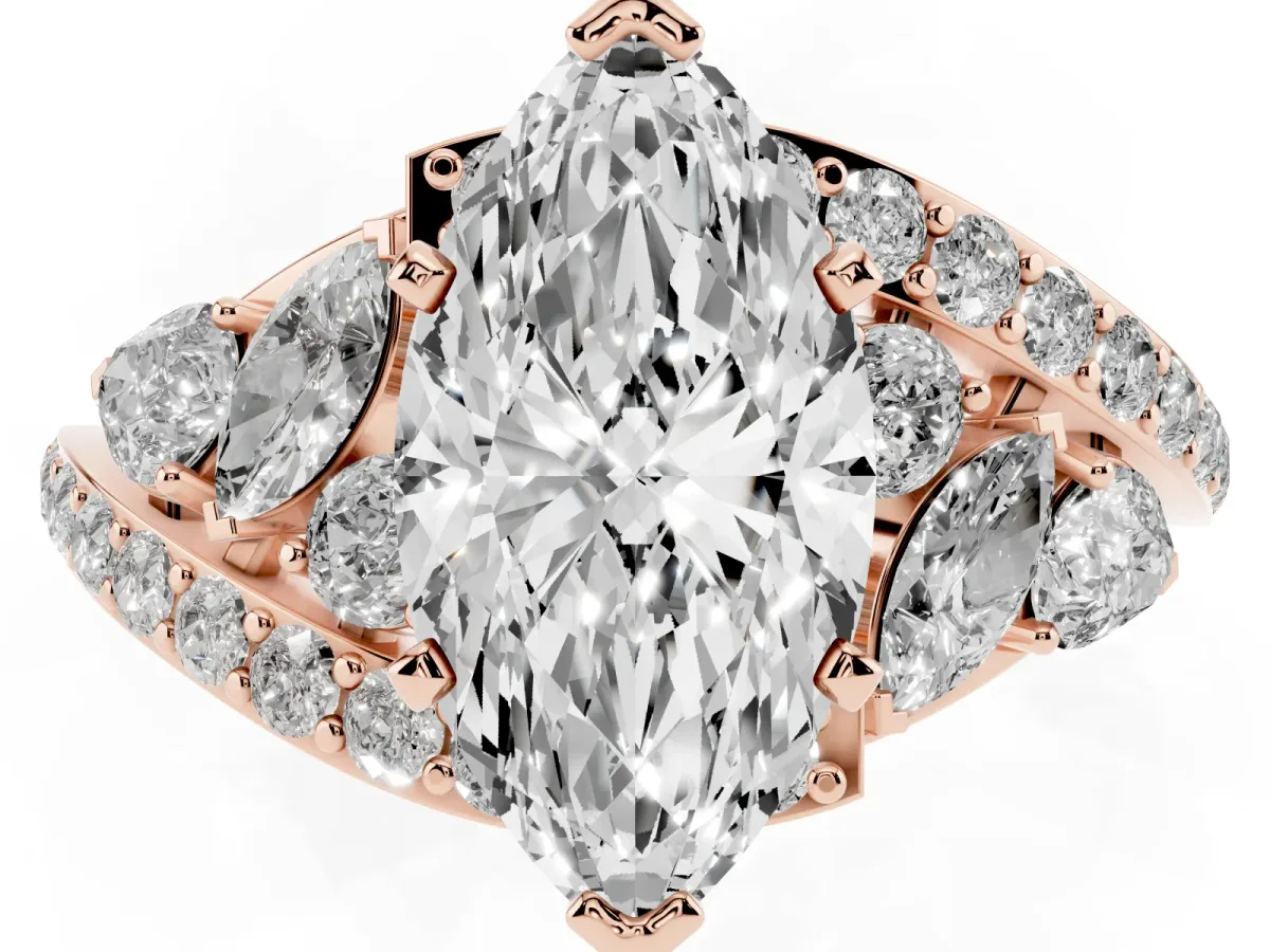 Marquise Cut Diamond Halo Ring with Marquise and Pavé Band in Prong Setting Rose gold