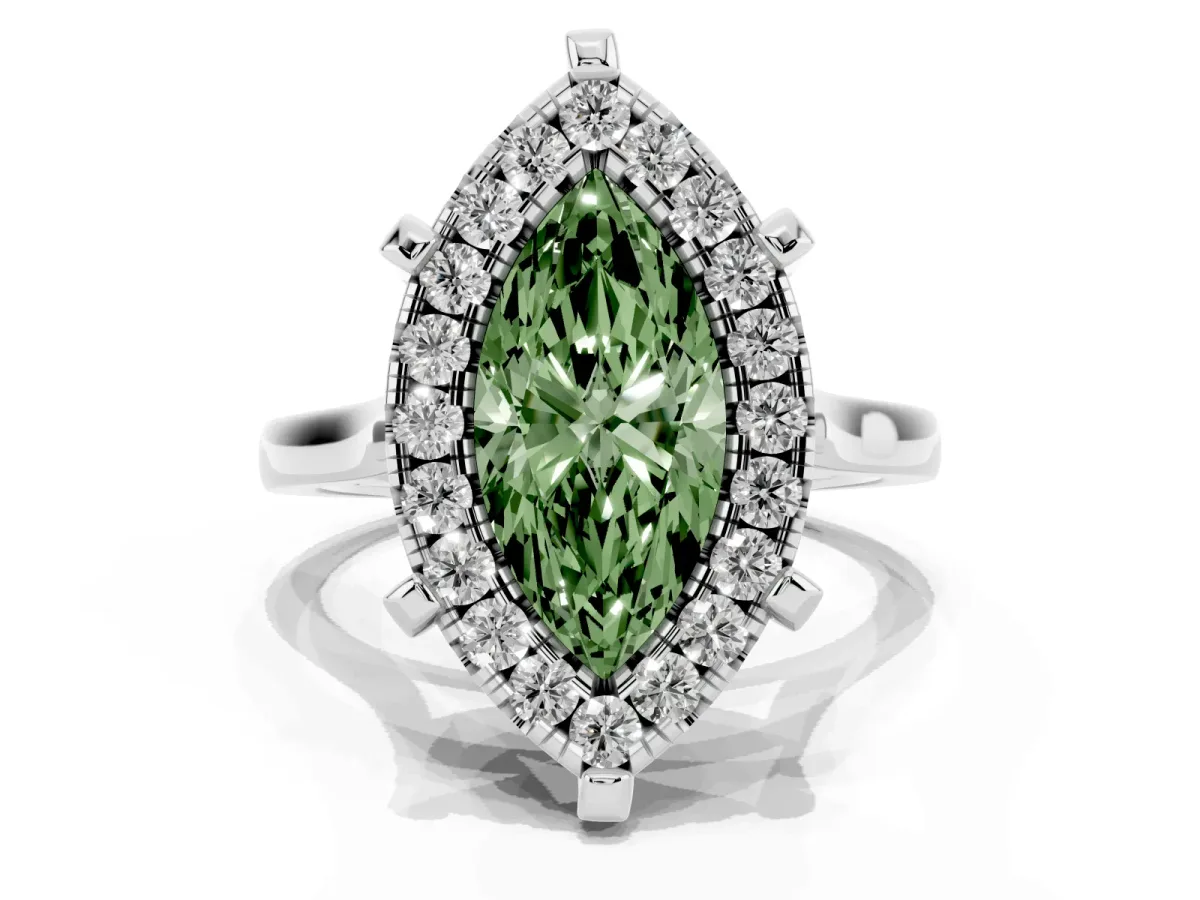Fancy Green Marquise Cut Diamond Cluster Halo Solitaire with Four-Prong Setting Silver