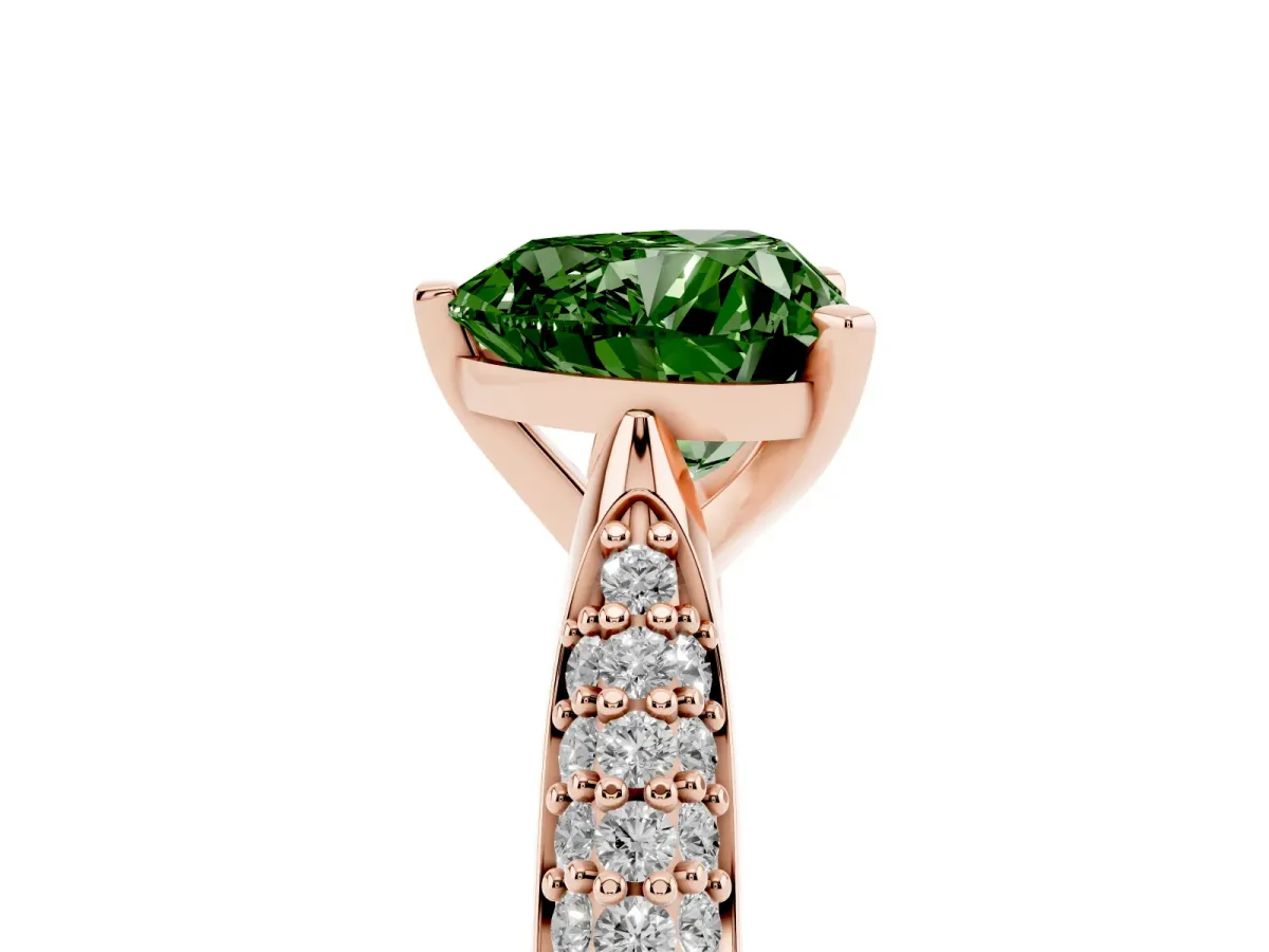 Fancy Green Heart Cut Diamond Solitaire Engagement Ring with Multi-Row Round Pavé Band and Prong Setting Rose gold