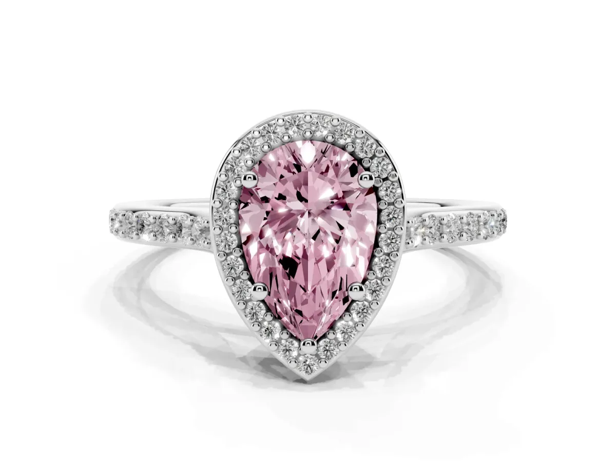 Fancy Pink Pear Cut Diamond Halo Engagement Ring with Round Pavé Shoulders and Prong Setting White gold
