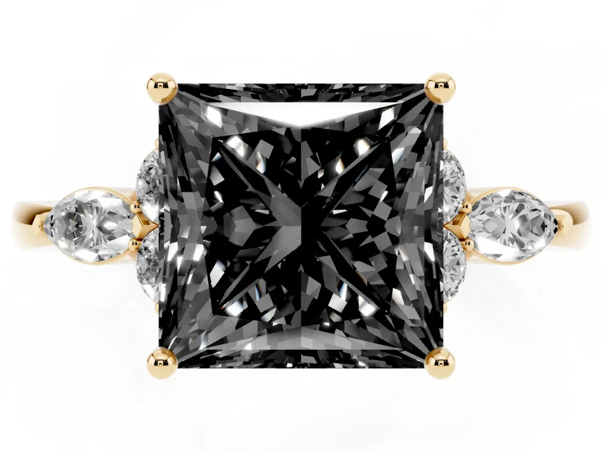 Fancy Black Princess Cut Brilliant Diamond Solitaire Ring with Pear Side Stones and Four-Prong Setting Yellow gold