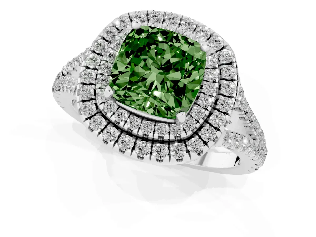 Fancy Green Cushion Cut Diamond Double Halo Ring with Pavé Band and Prong Setting Platinum