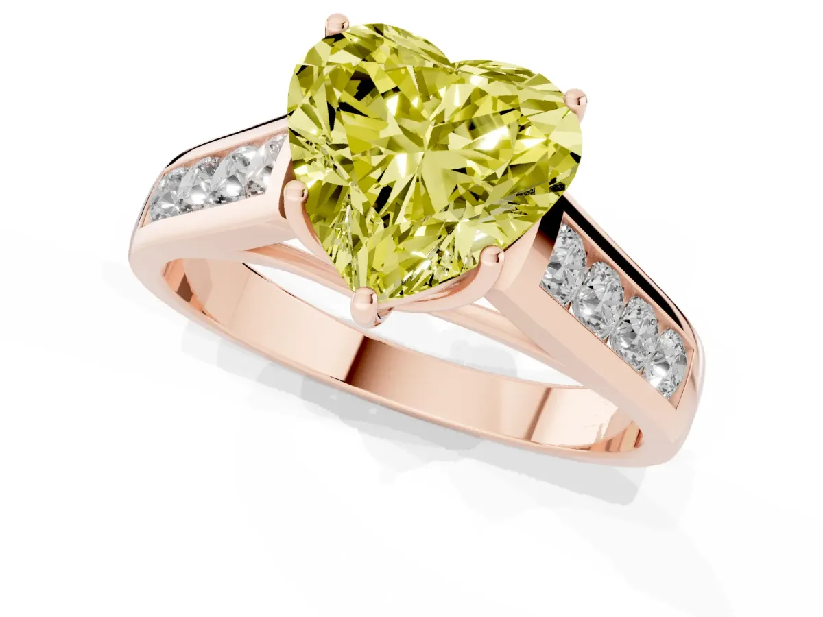 Fancy Yellow Heart Cut Solitaire Channel-Set Diamond Engagement Ring with Four-Prong Setting Rose gold