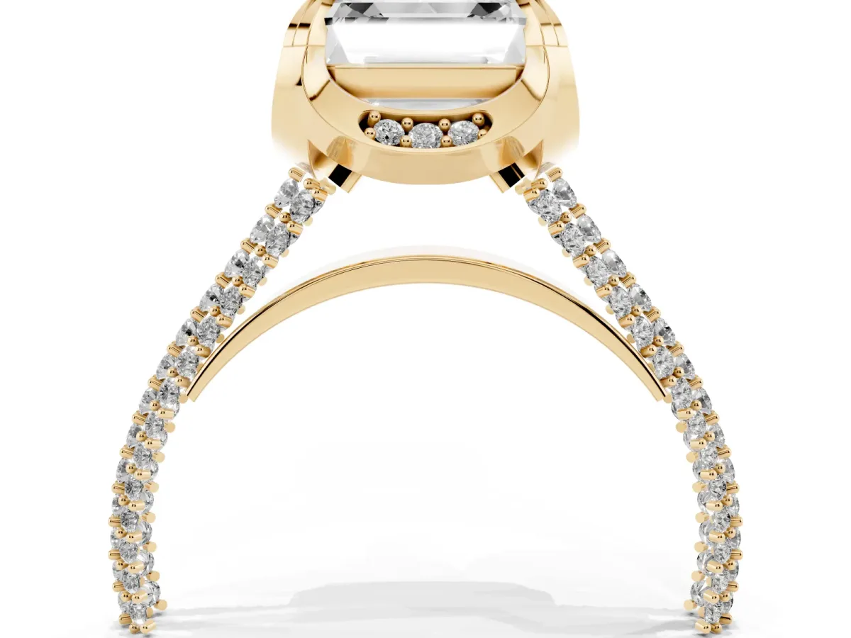 Asscher Cut Solitaire Pave Split Shank Ring with Four-Prong Setting Yellow gold