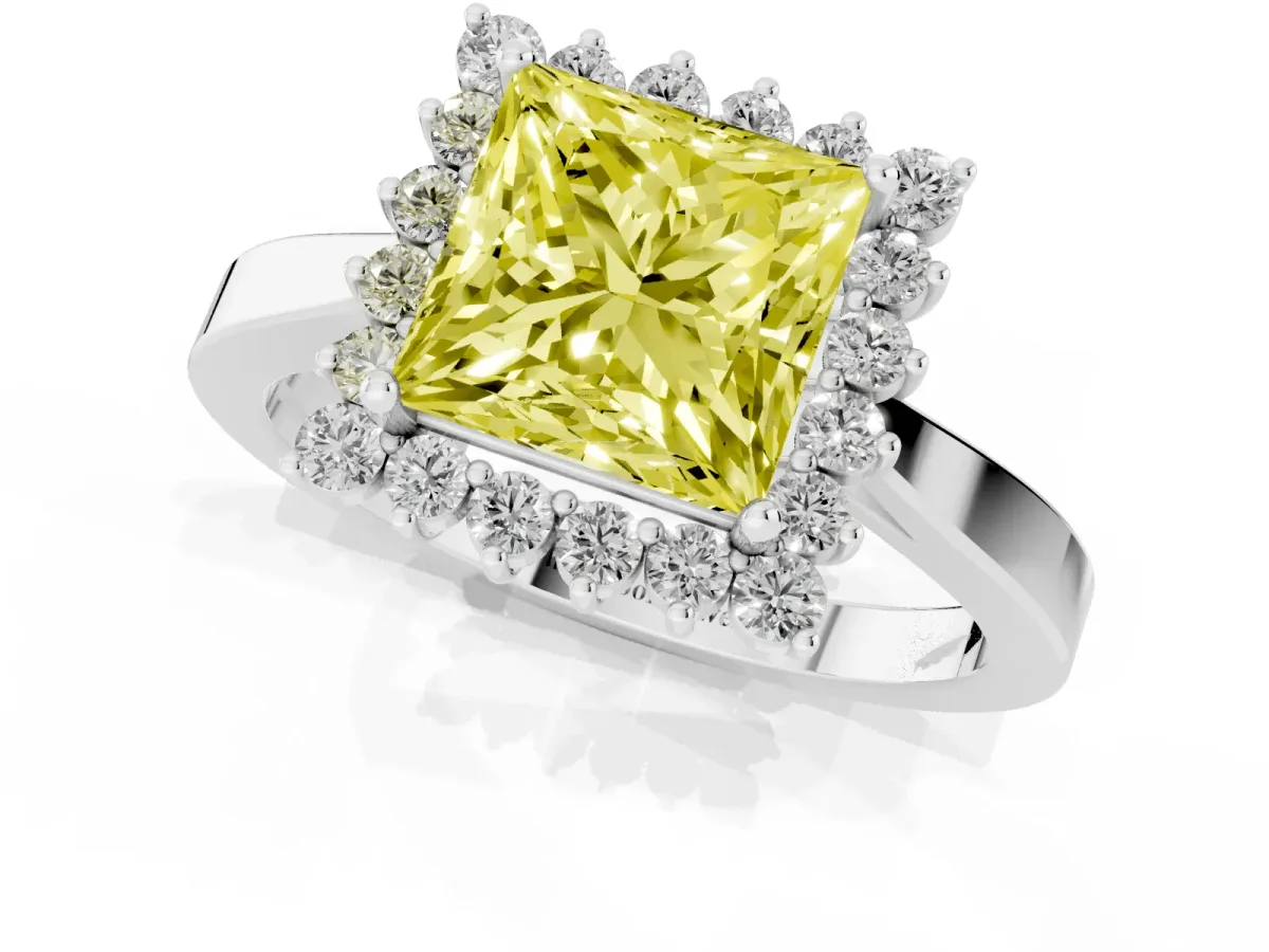 Fancy Yellow Princess Cut Cut Diamond Halo Ring with Round Brilliant Halo and Solitaire Band Silver