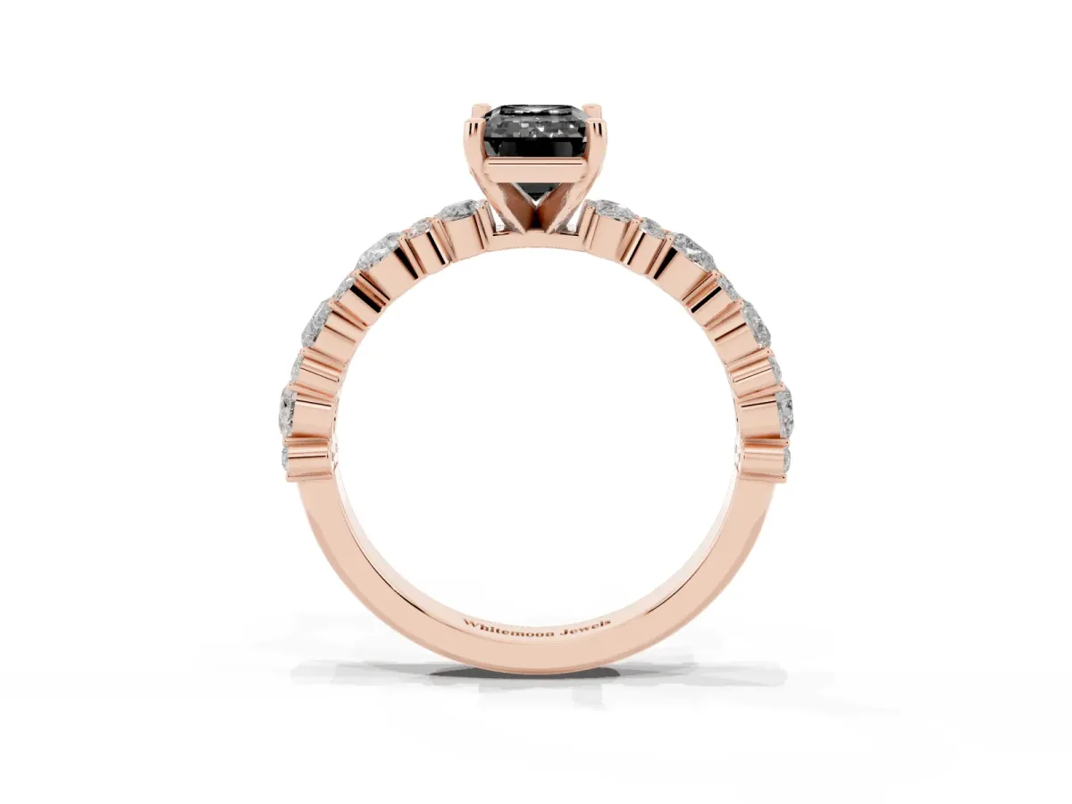 Fancy Black Emerald Cut Diamond Side Stone Solitaire Ring with Round and Four-Prong Setting Rose gold