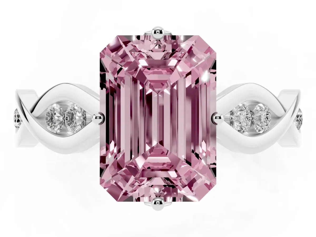 Fancy Pink Emerald Cut Solitaire Twist Band with Leaf Prong Setting White gold