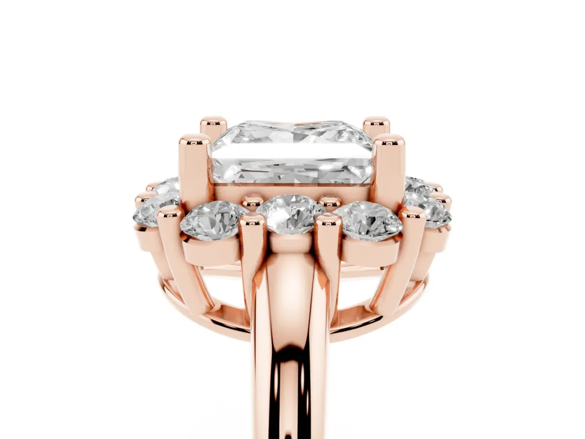 Princess Cut Halo Cluster Diamond Engagement Ring with Prong Setting and Polished Band Rose gold
