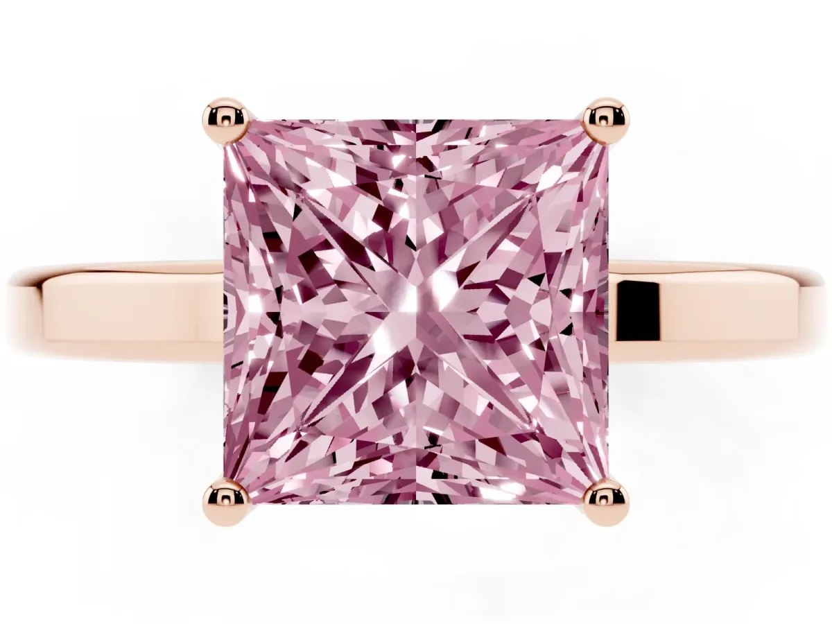 Fancy Pink Princess Cut Cut Solitaire Engagement Ring with Four-Prong Setting on a Classic Band Rose gold