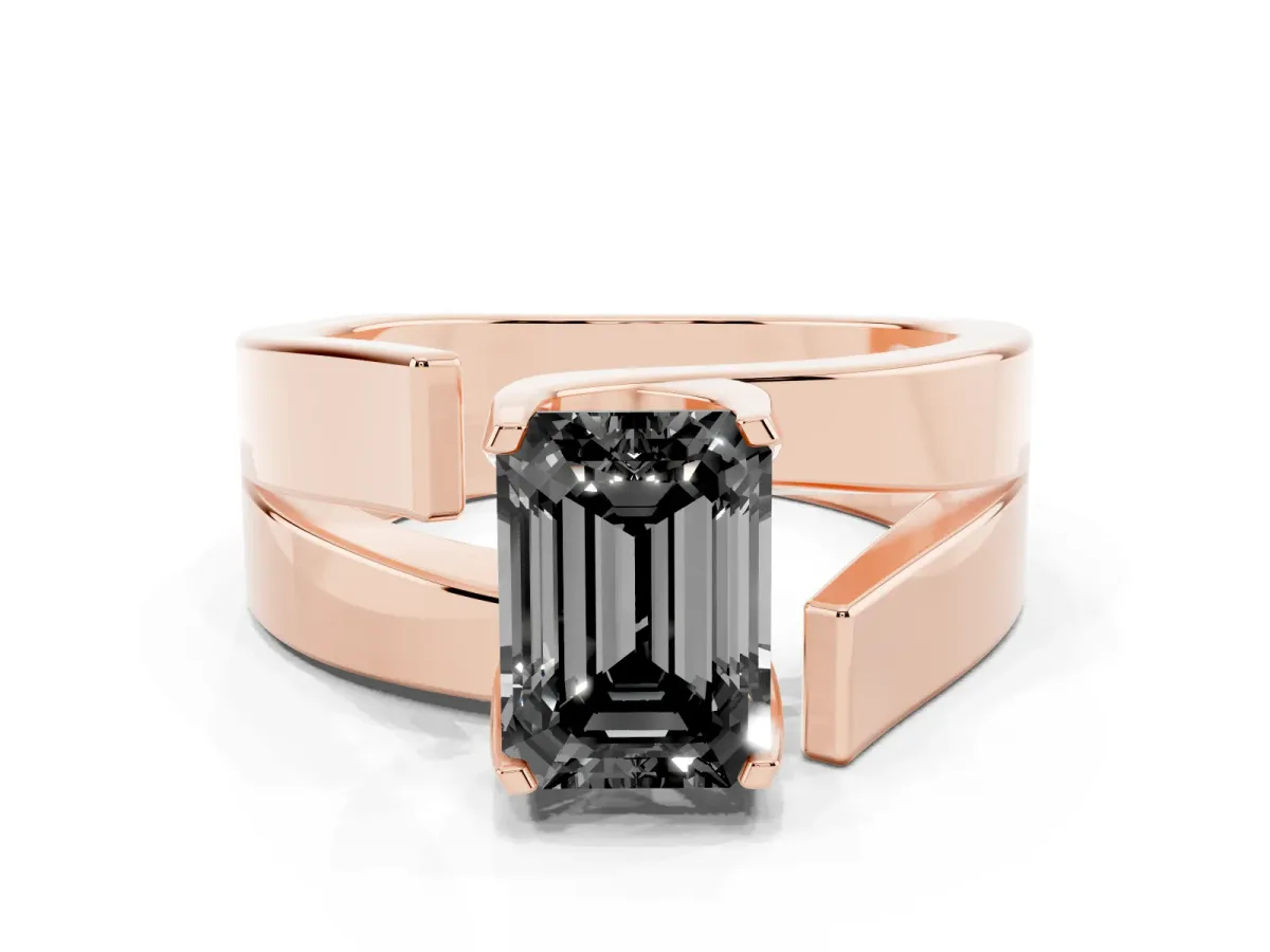 Fancy Black Modern Tension Set Emerald Cut Diamond Solitaire Wide Band Ring Rose gold