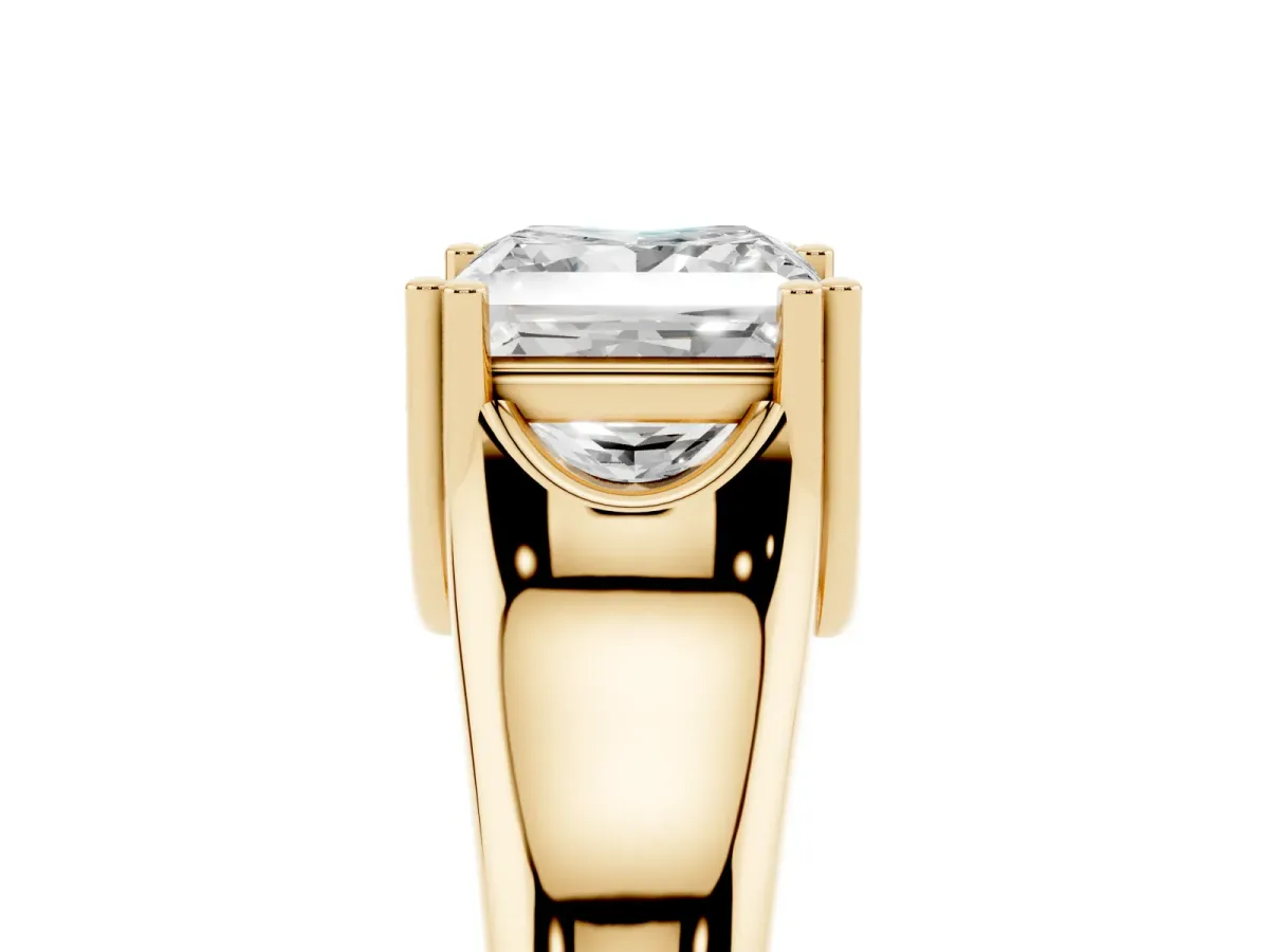 Princess Cut Diamond Solitaire Ring with Wide Band and Prong Setting Yellow gold