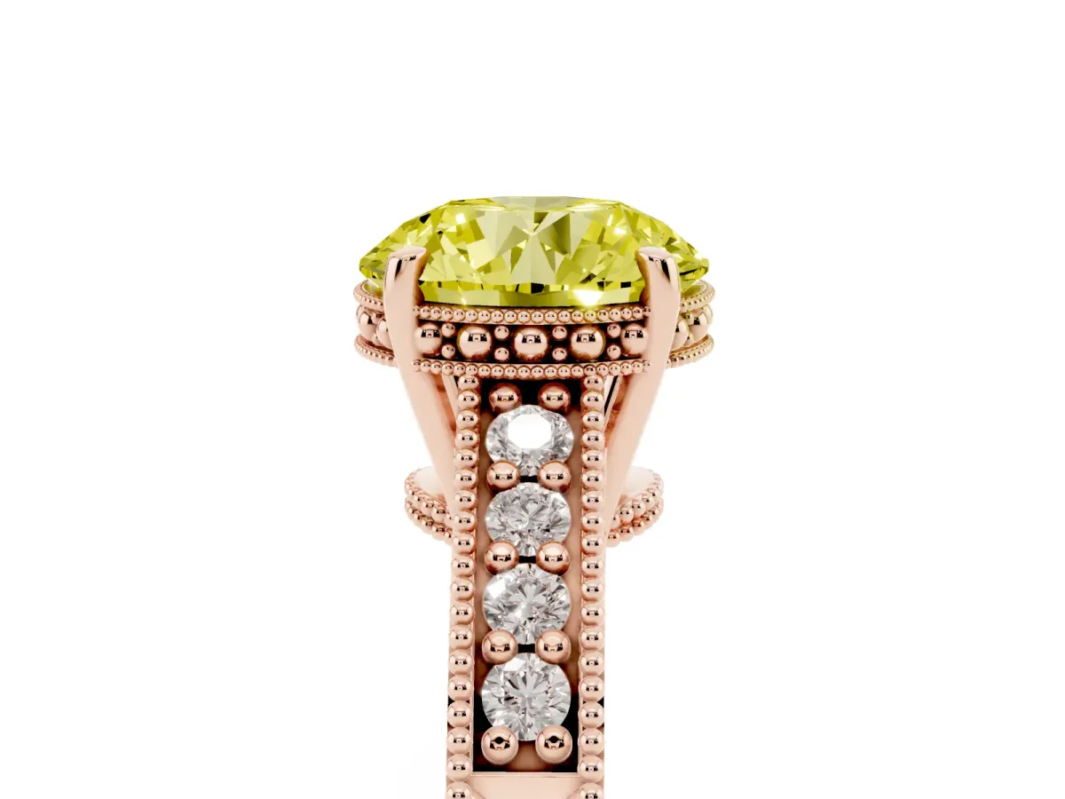 Fancy Yellow Round Cut Solitaire Pavé Diamond Milgrain Engagement Ring with Four-Prong Setting Rose gold