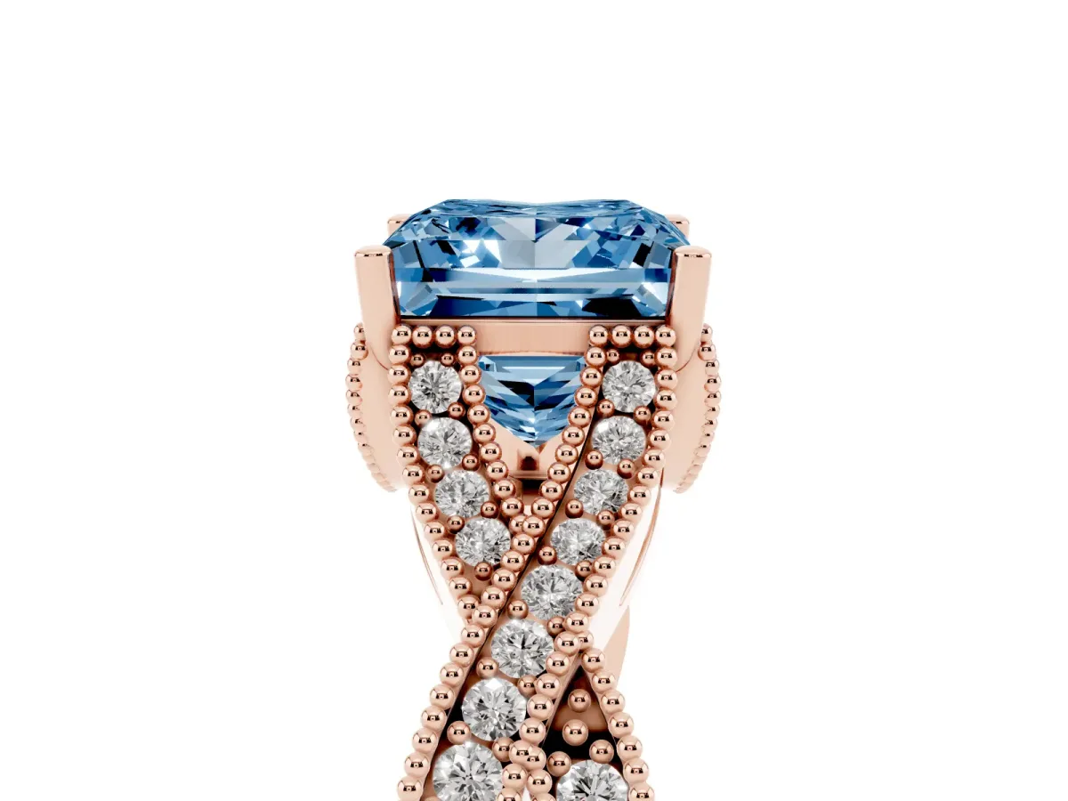 Fancy Blue Princess Cut Cut Diamond Twisted Band with Milgrain Pave Setting and Four-Prong Setting Rose gold