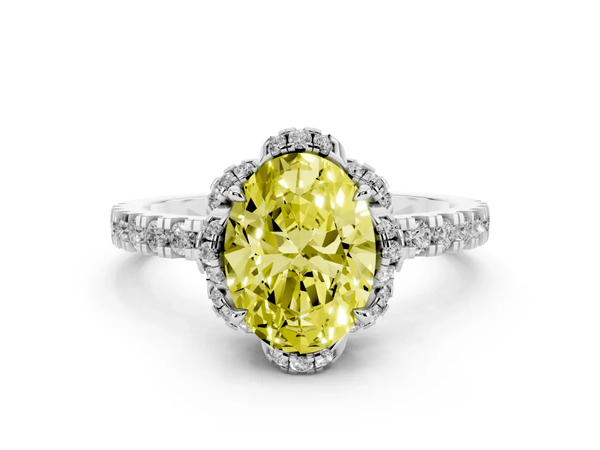 Fancy Yellow Oval Cut Halo Diamond Pave Band Ring with Four-Prong Setting Silver