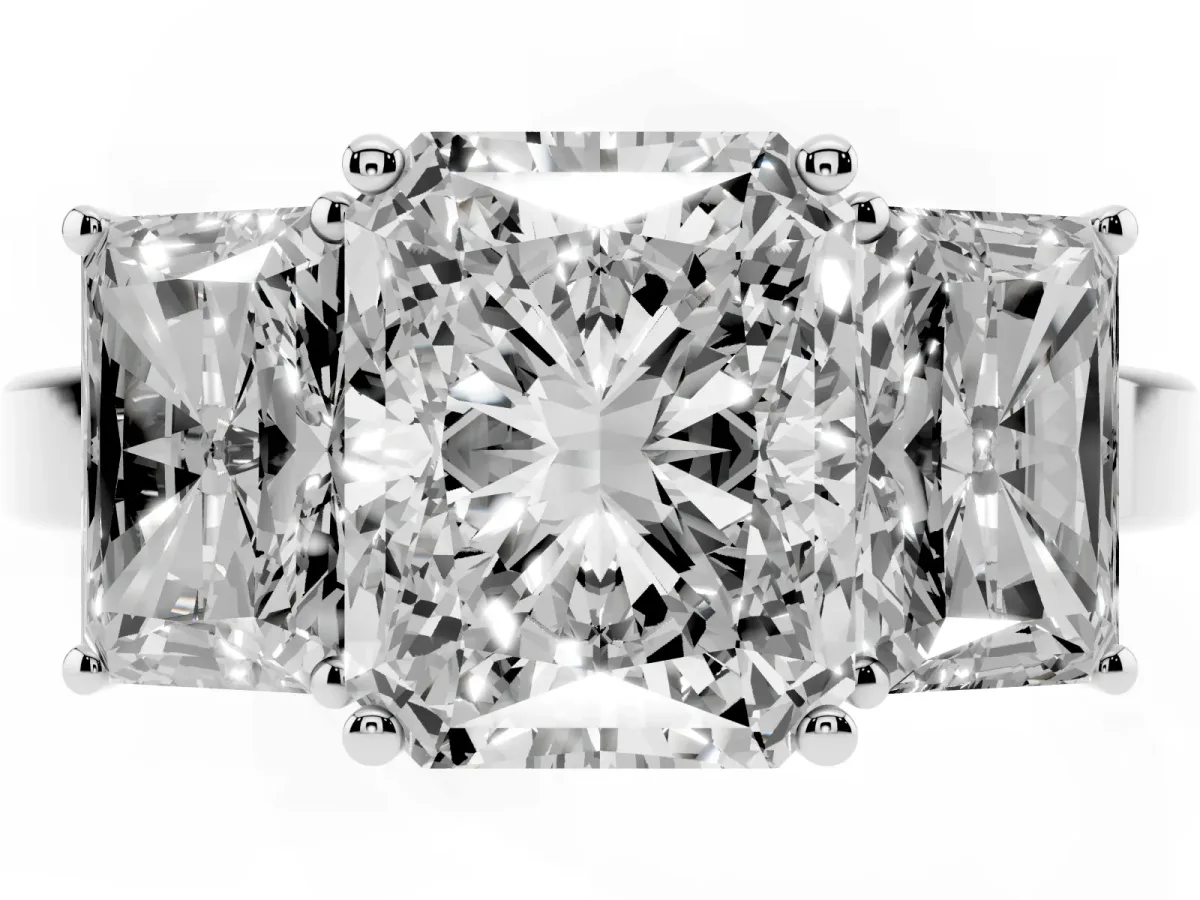 Three-Stone Radiant Cut Cut Diamond Engagement Ring with Flat Band and Four-Prong Setting Silver