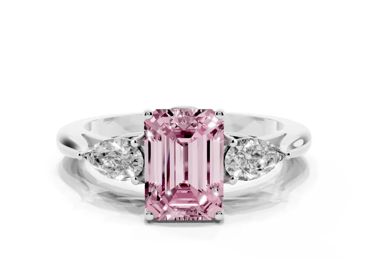 Fancy Pink Three-Stone Emerald Cut Brilliant Diamond Solitaire Ring with Tapered Band and Four-Prong Setting Silver