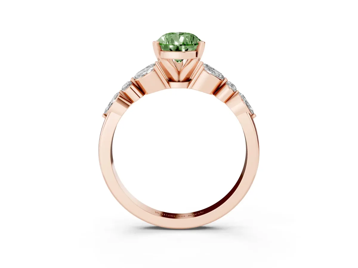 Fancy Green Pear Cut Diamond Solitaire Ring with Side Stones and Four-Prong Setting Rose gold