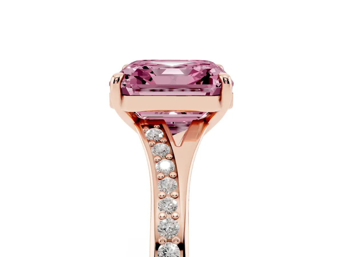 Fancy Pink Asscher Cut Diamond Solitaire Ring with Pavé Band and Prong Setting Rose gold