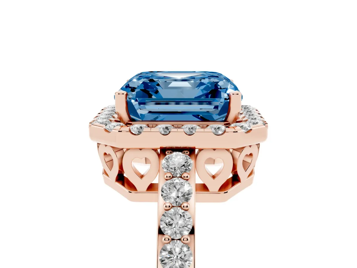 Fancy Blue Asscher Cut Halo Diamond Pavé Band Ring with Prong Setting Rose gold