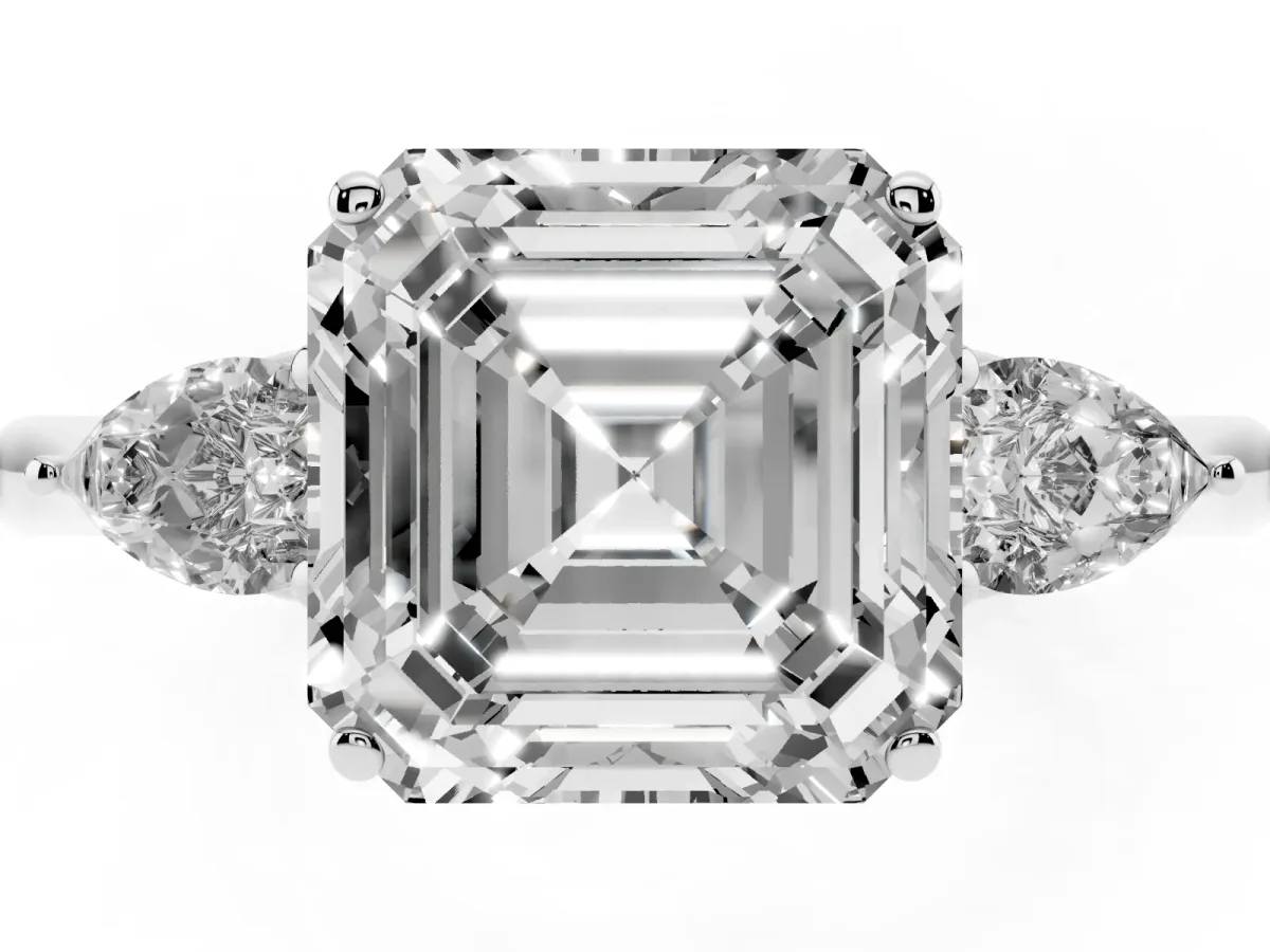 Asscher Cut Diamond Three-Stone Ring with Pear Side Stones and Prong Setting Platinum