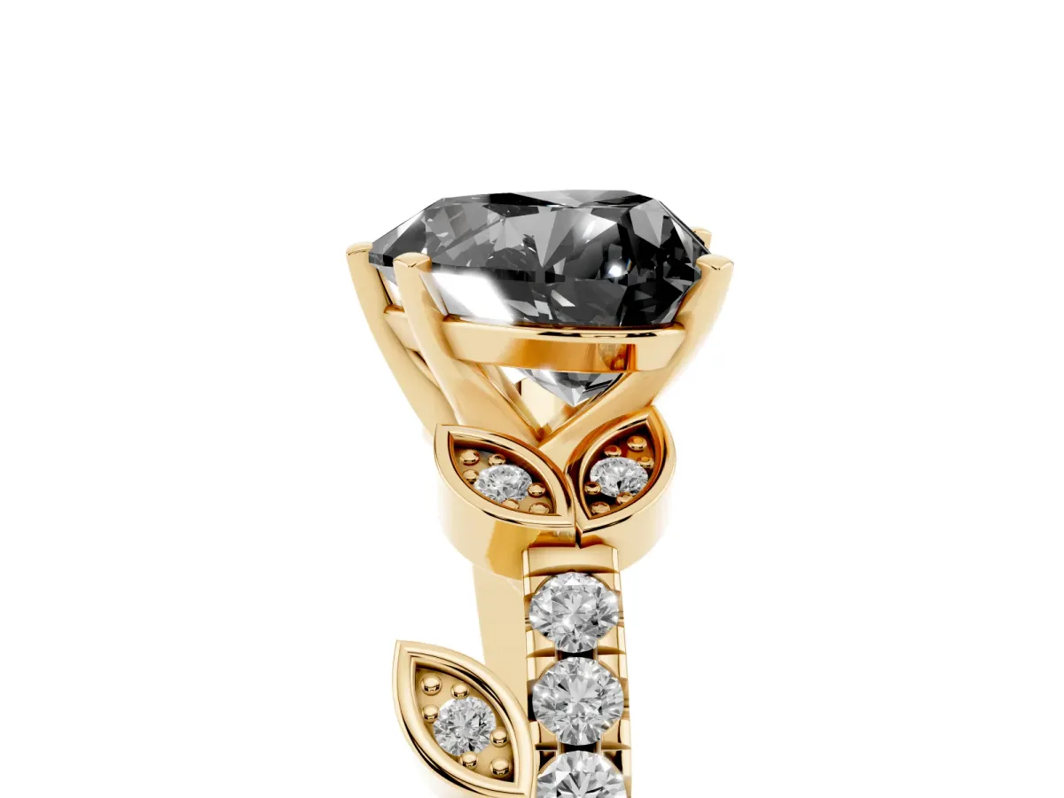 Fancy Black Heart Cut Solitaire Leaf-Inspired Diamond Ring with Pavé Band and Four-Prong Setting Yellow gold