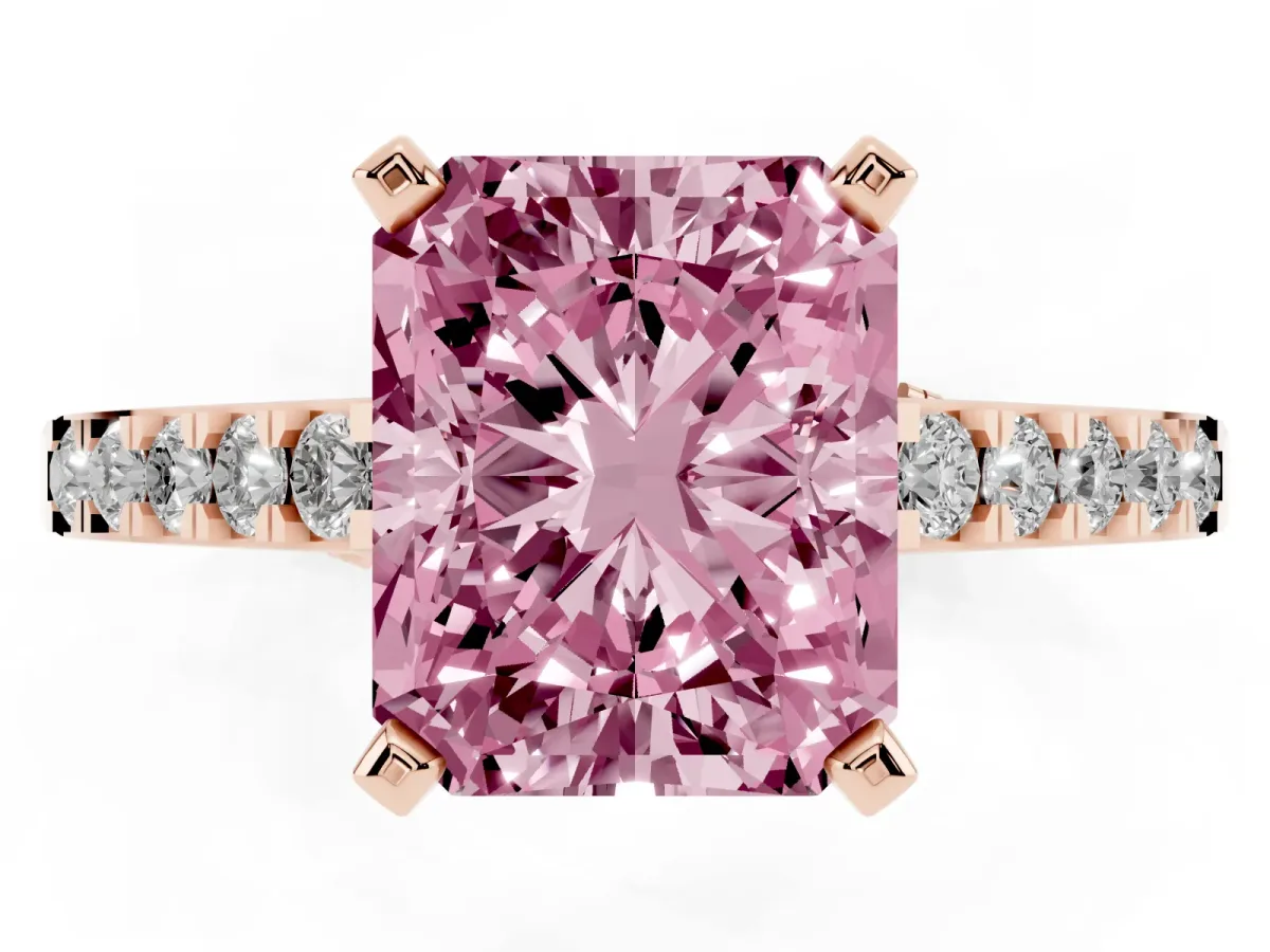 Fancy Pink Radiant Cut Diamond Solitaire Ring with Crossover Gallery and Round Pavé Band Rose gold