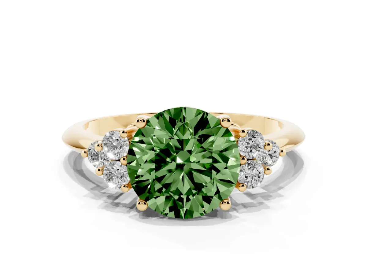 Fancy Green Round Cut Cut Diamond Cluster Ring with Solitaire Band and Four-Prong Setting Yellow gold