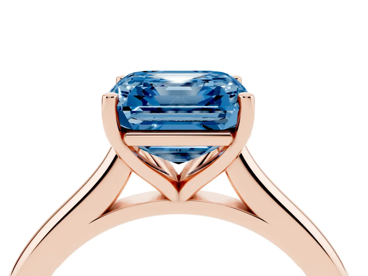 Fancy Blue Asscher Cut Cut Solitaire Ring with Cathedral Band and Four-Prong Setting Rose gold