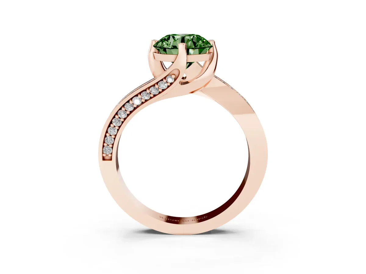 Fancy Green Round Cut Solitaire Diamond Twist Band with Pavé Setting and Four-Prong Setting Rose gold